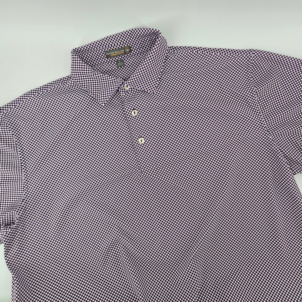 Peter Millar Mens L Golf Polo Shirt Checkered Purple Summer Comfort